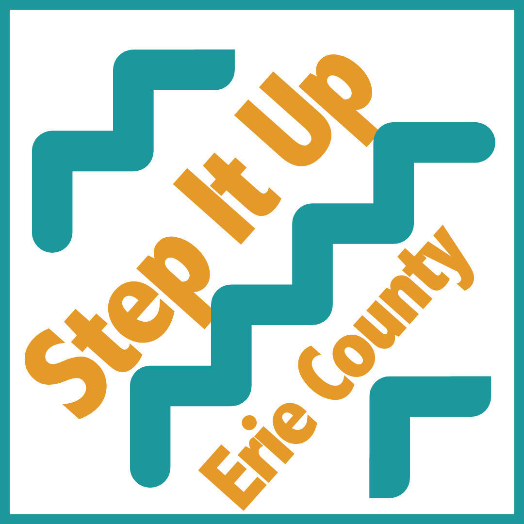 Step It Up Erie County in gold text with teal arrows pointing diagonally to the left