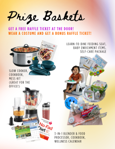 prize baskets: slow cooker with accessories, blender/food processor combo with accessories, baby and me care kit